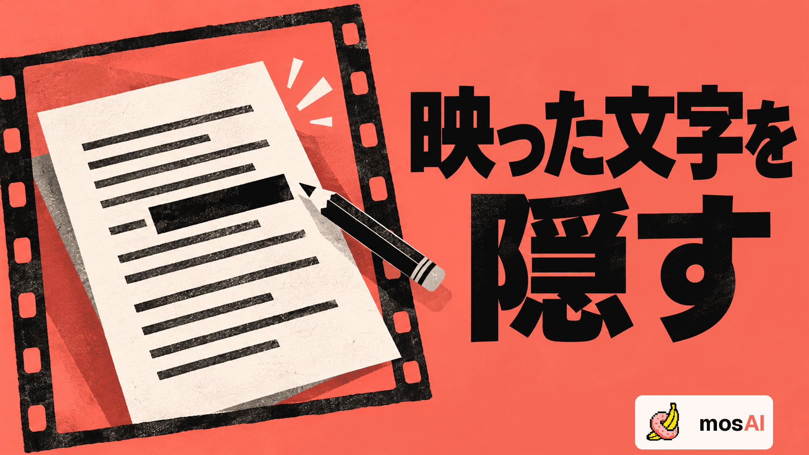 「映った文字を隠す」の見出し。フィルム内の用紙の一部を黒帯で伏せ、鉛筆で編集を示す概念図と正式mosAIロゴ。