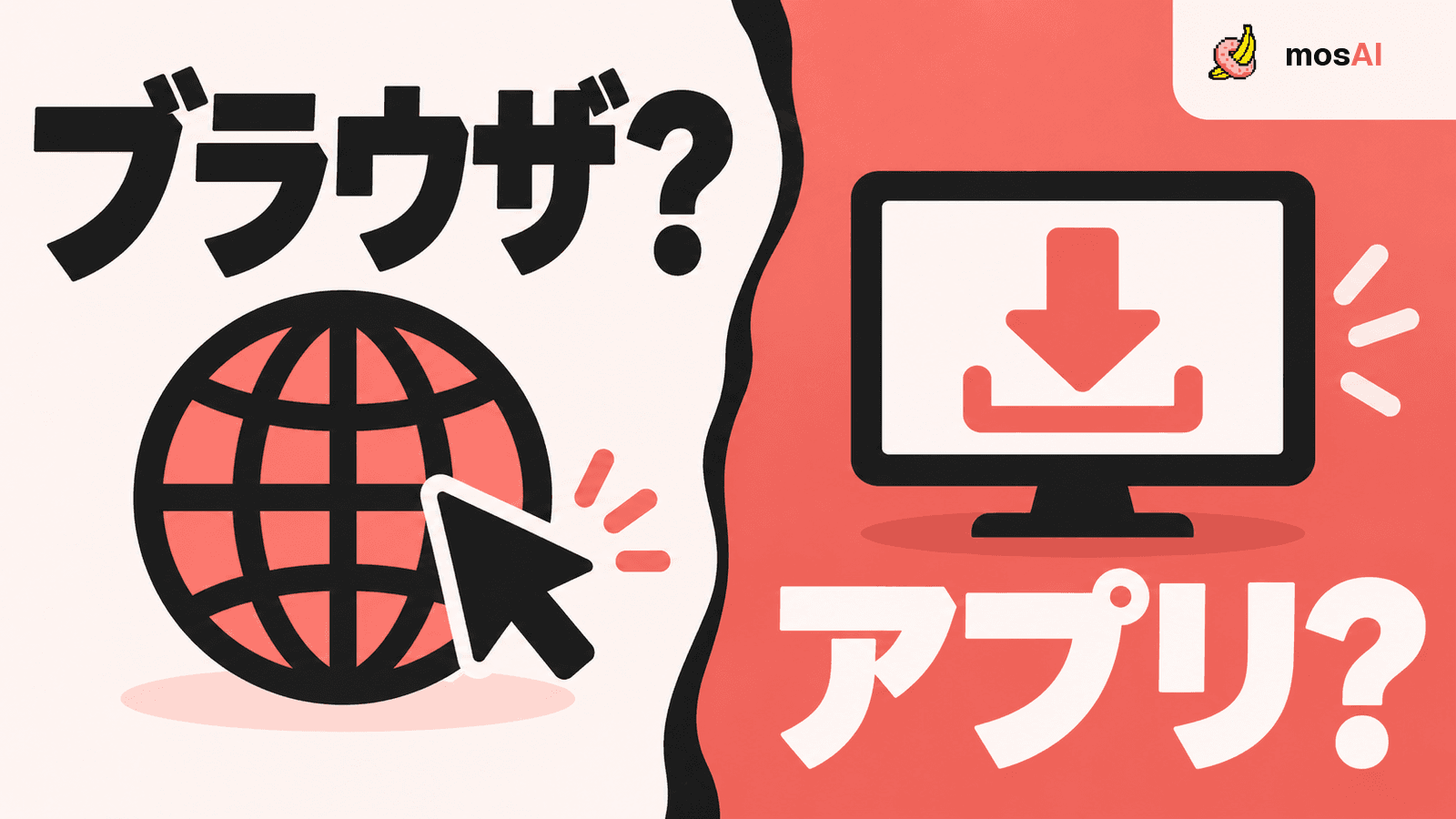 左右に「ブラウザ?」「アプリ?」の見出しを配置し、地球とポインター、モニターとダウンロード矢印で始める環境の違いを表す概念図。右上に正式mosAIロゴ。