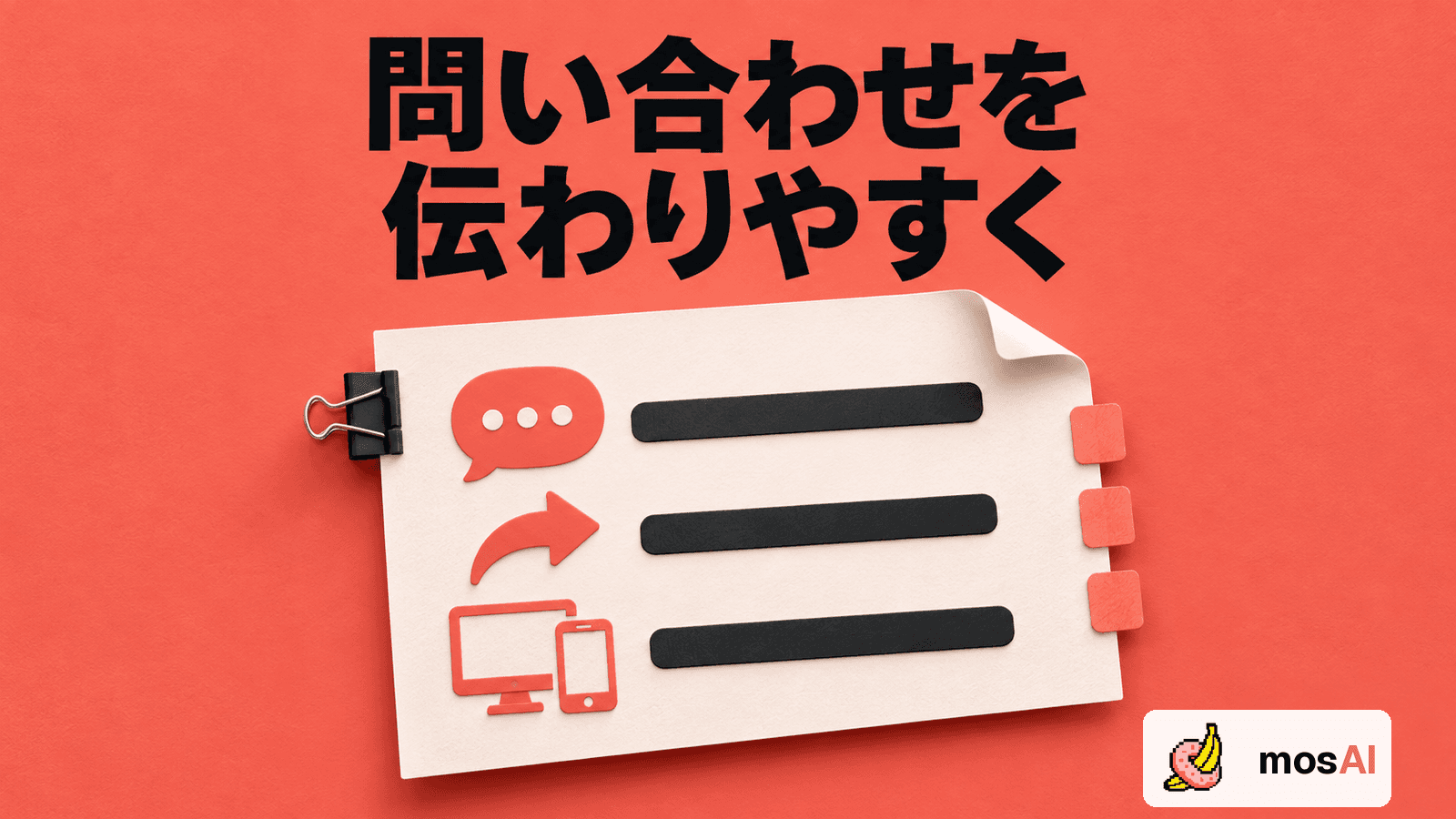 「問い合わせを伝わりやすく」の見出し。症状・操作・環境の整理を示す用紙とアイコンの概念図、正式mosAIロゴ。