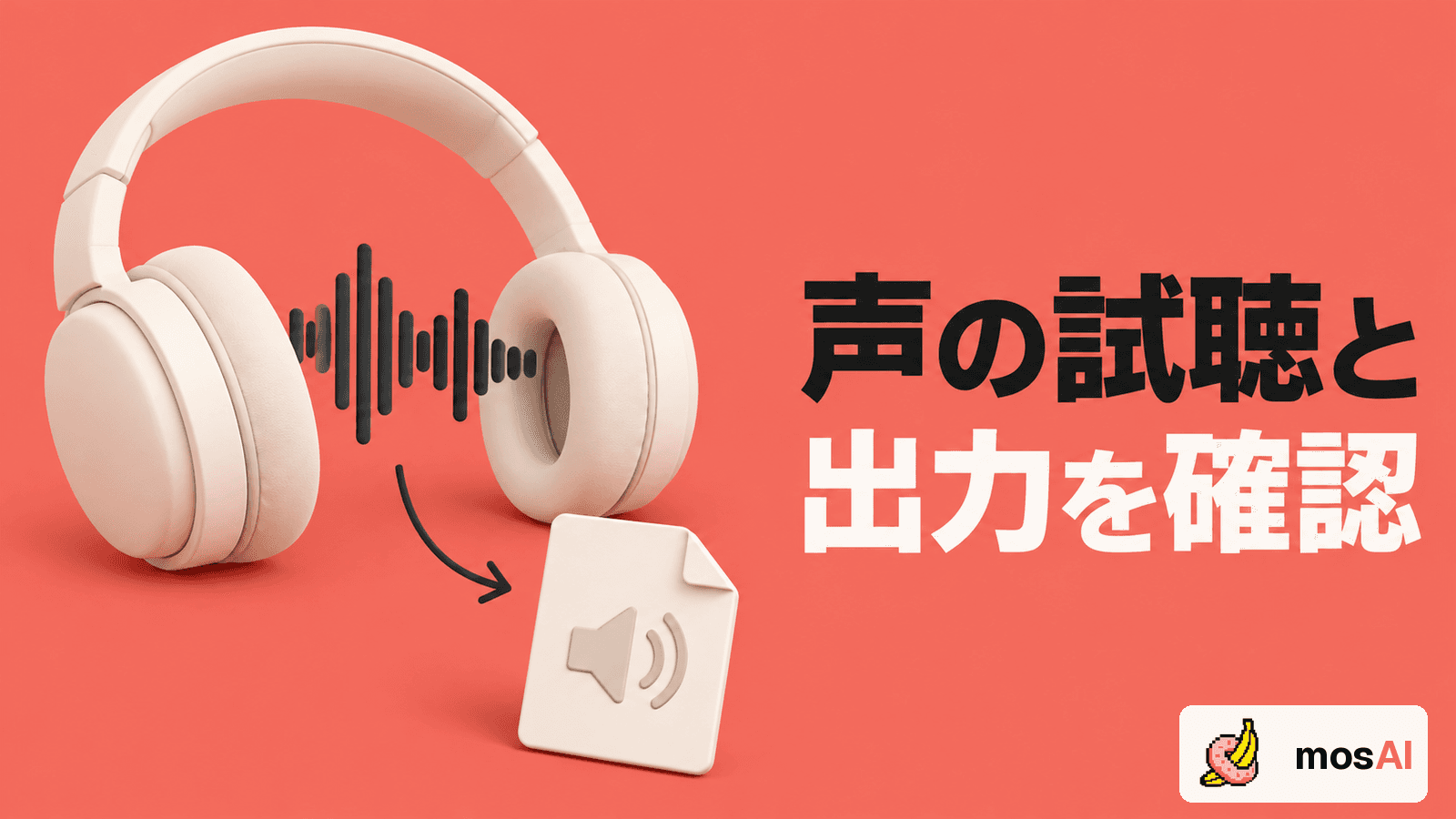 コーラルの背景に「声の試聴と出力を確認」の見出し。ヘッドホンと波形、音声ファイルの図で試聴と出力確認を表し、右下に正式mosAIロゴ。