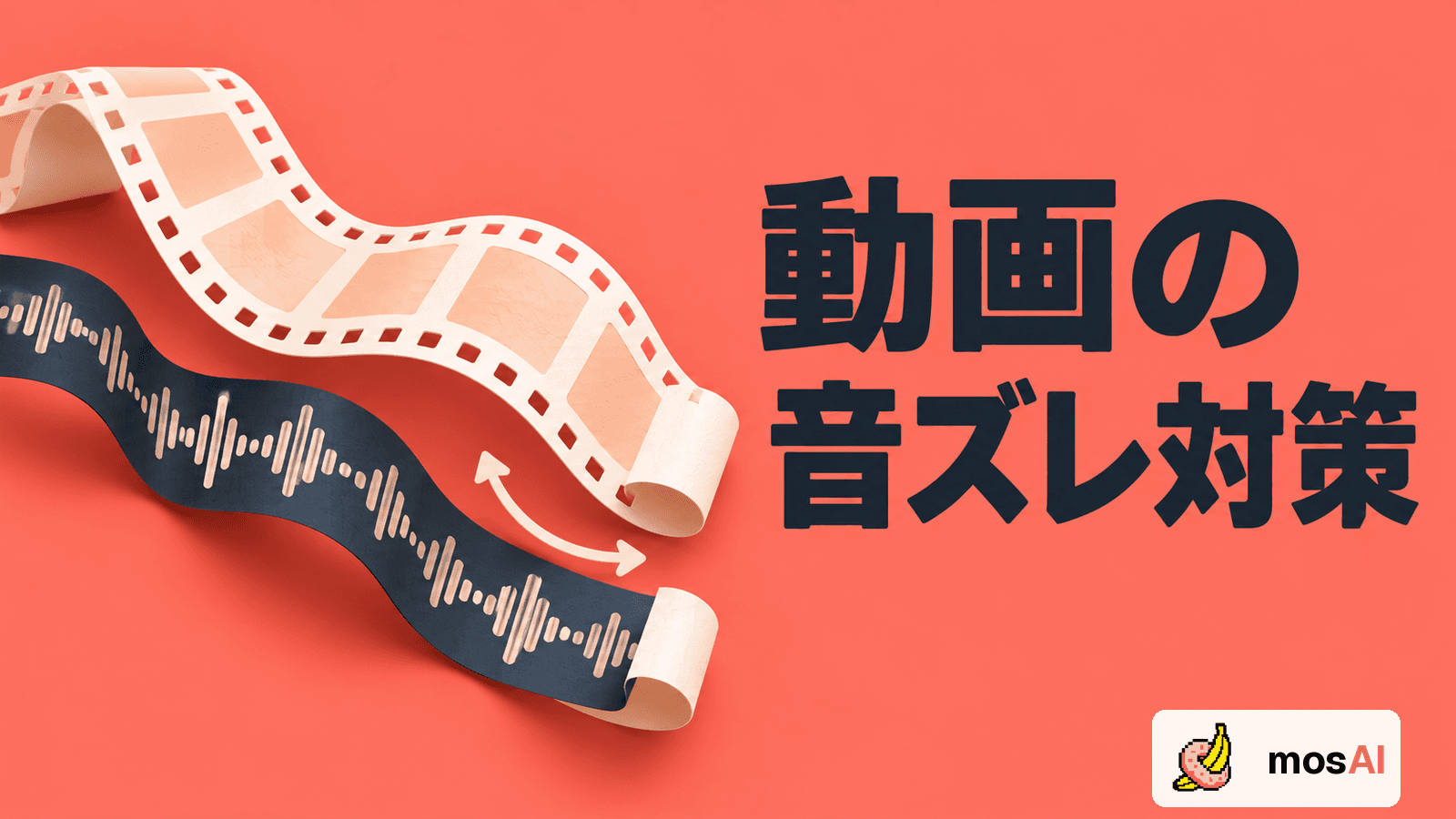 「動画の音ズレ対策」の見出し。始点が少しずれたフィルムと音声波形のリボンで映像・音声のタイミングを表す概念図、正式mosAIロゴ。