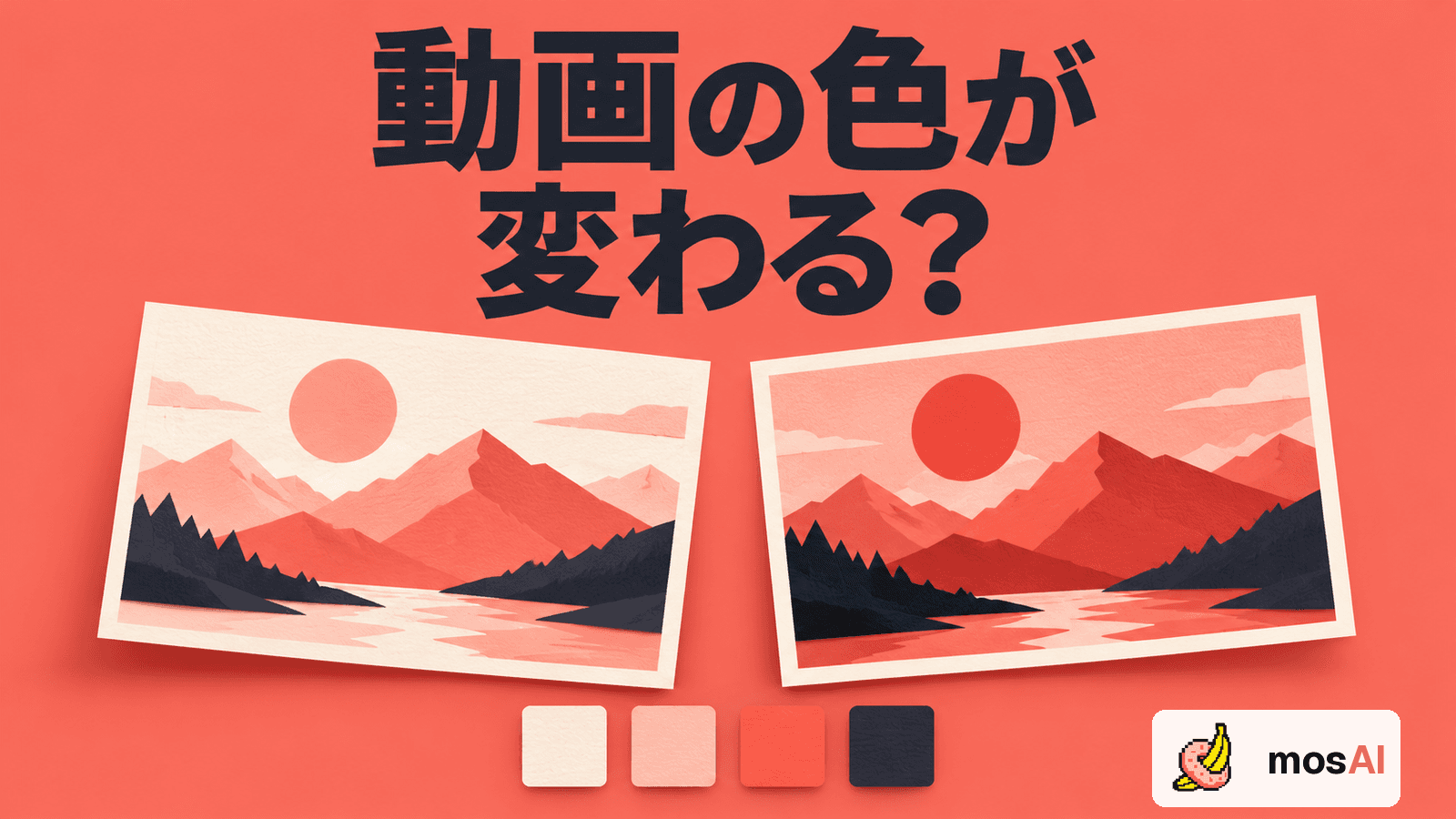 「動画の色が変わる?」の見出し。同じ山と太陽を異なる色調で描いた二つの抽象画と色見本で、動画の色の確認を表す。正式mosAIロゴ入り。