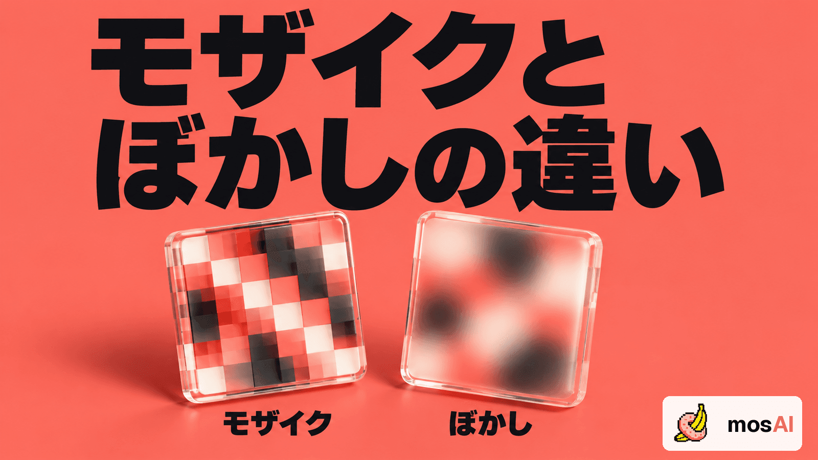 コーラルの背景に「モザイクとぼかしの違い」の見出し。角ばった色のブロックと、同じ色を滑らかにぼかした二つの抽象的なタイルを並べ、右下に正式mosAIロゴを配置。