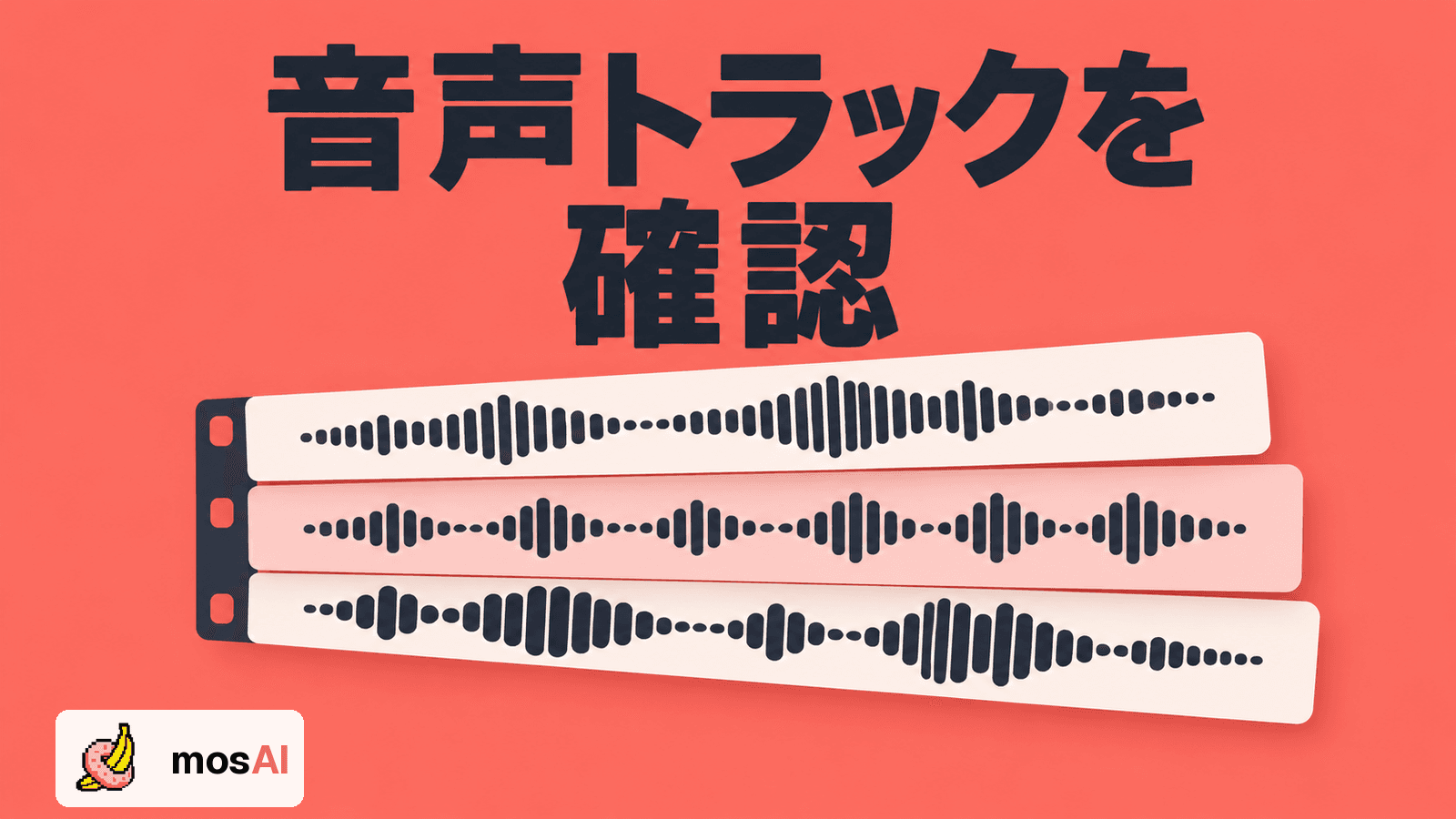 「音声トラックを確認」の見出し。一本のフィルムにつながる三つの波形の帯で、一つの動画ファイル内の複数音声トラックを表す。正式mosAIロゴ入り。