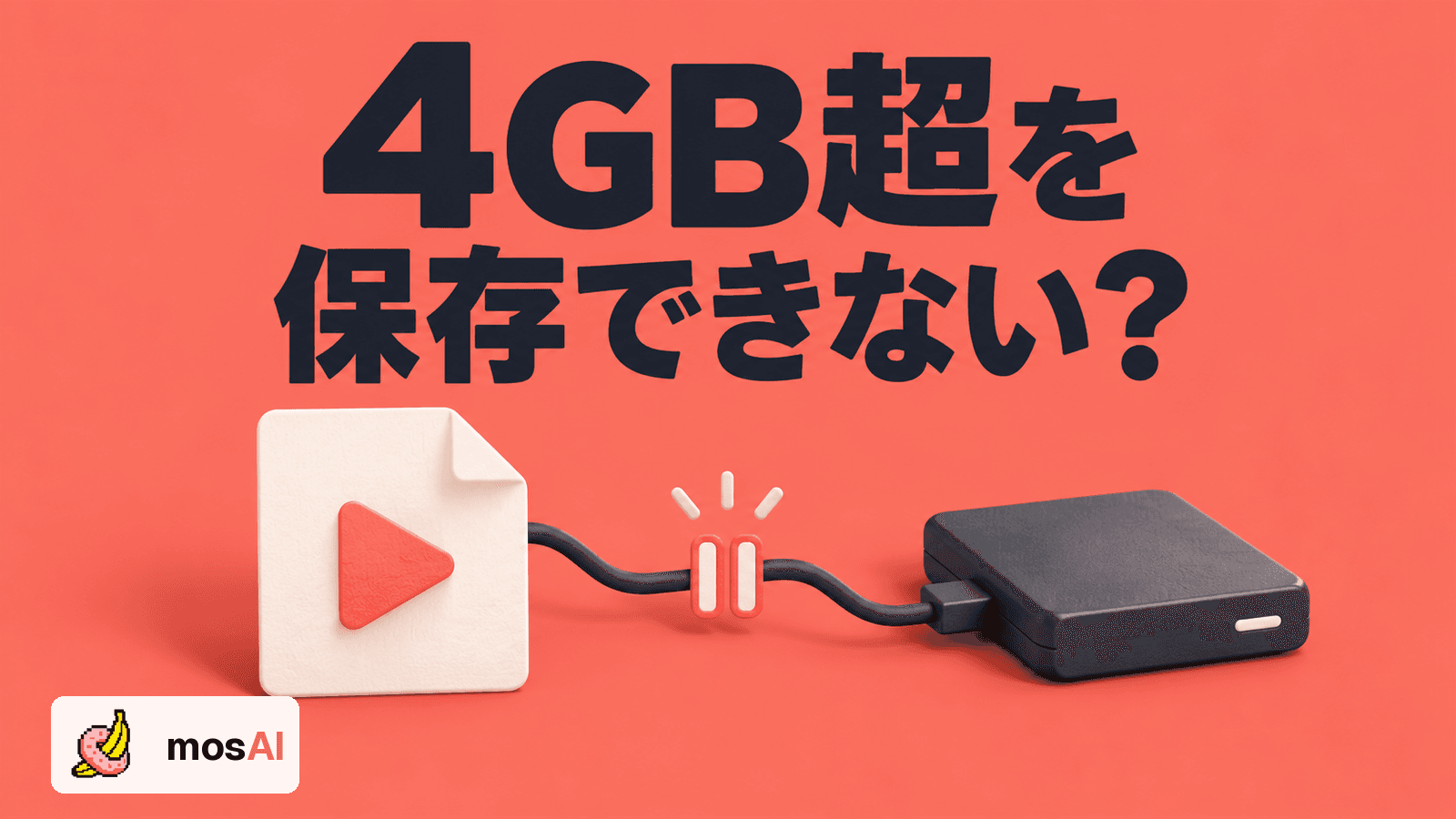 「4GB超を保存できない?」の見出し。大きな動画ファイルと外付けドライブをつなぐ線の途中に一時停止の記号を置き、保存できない状況を概念的に表す。正式mosAIロゴ入り。